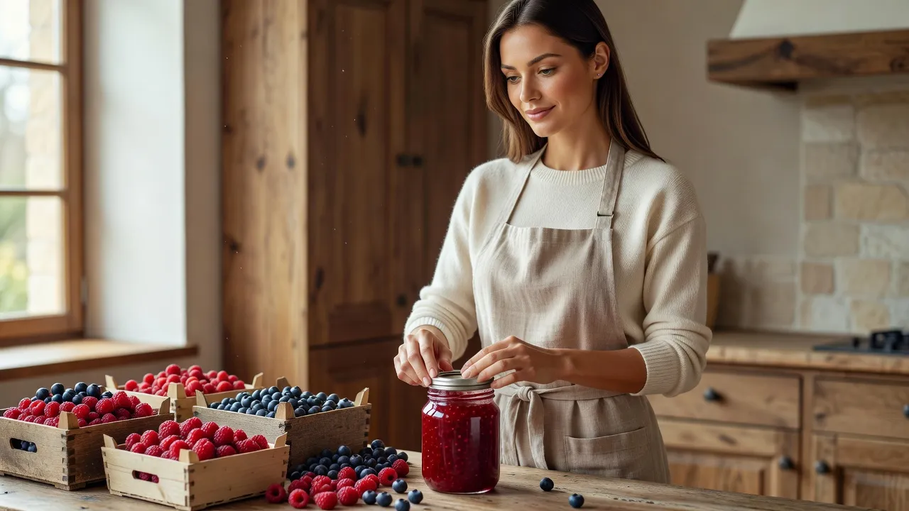 Une femme élégante en tablier de lin ouvre un bocal de confiture dans une cuisine claire, des bacs de petits fruits sur la table